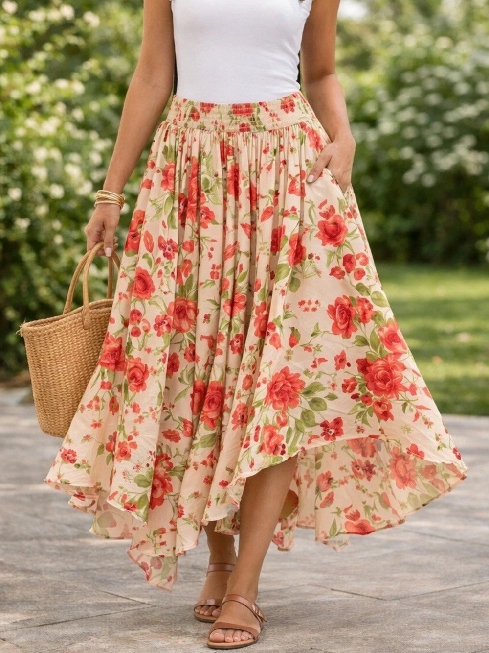 Anthropologie Floral Asymmetrical Maxi Skirt in Cream and Red